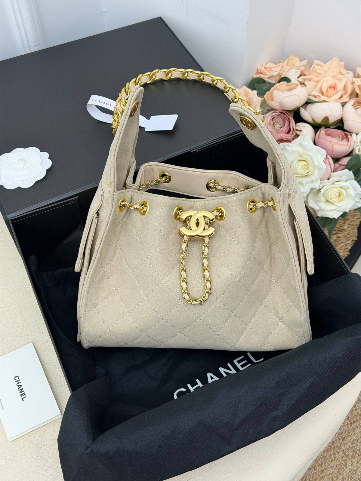 CHANEL Gabrielle Bucket Bag Suede Beige