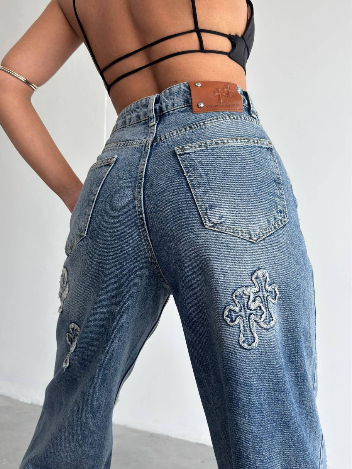 Chrome Hearts Cross Patch Wide Leg Jeans Blue