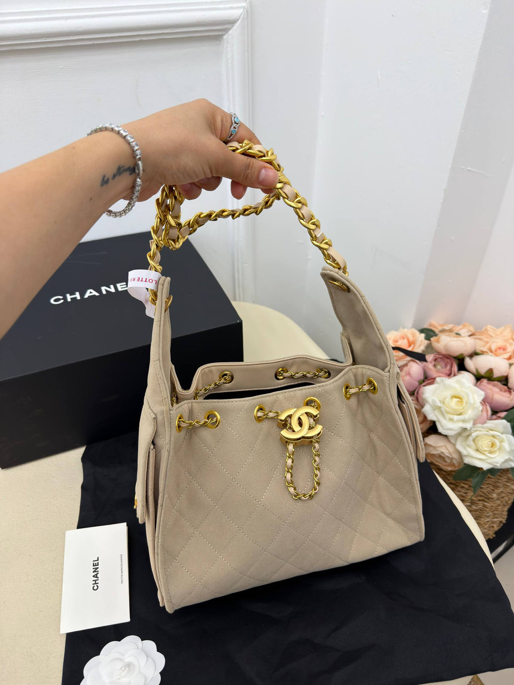 CHANEL Gabrielle Bucket Bag Suede Beige