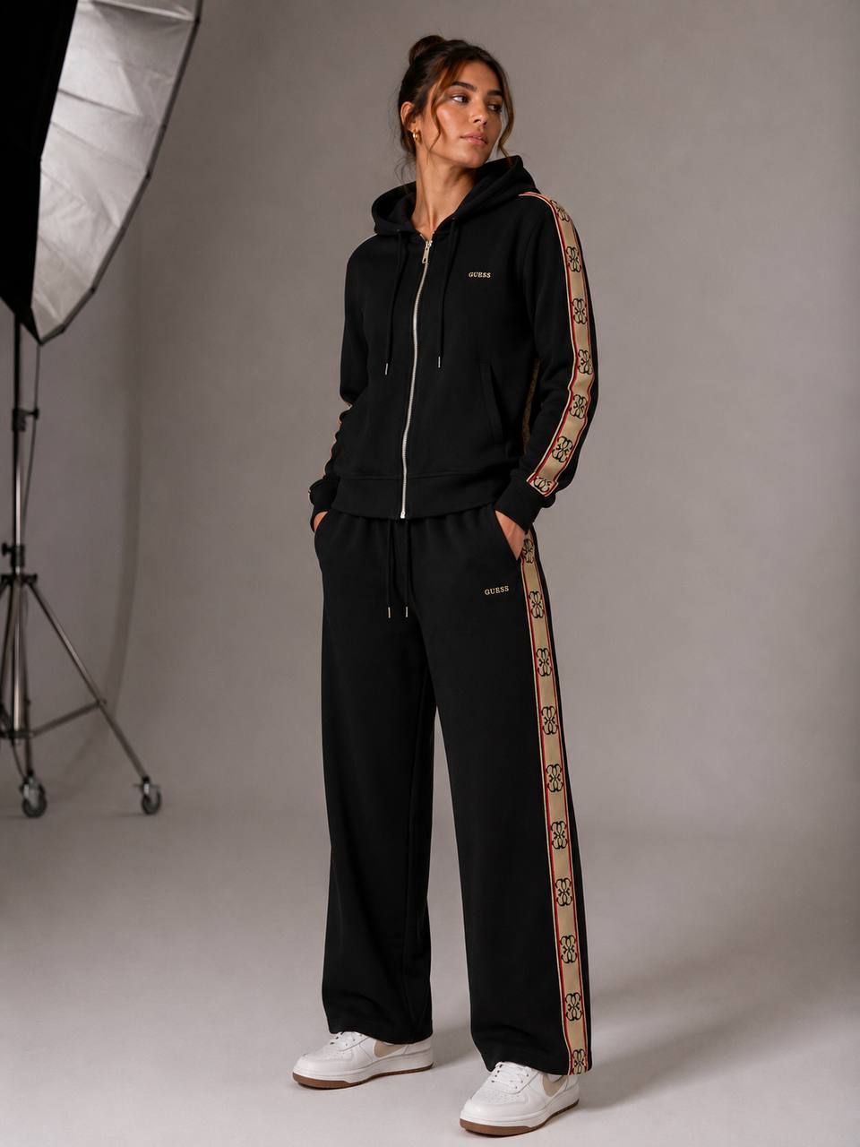 Guess Logo Tape Zip-Up Tracksuit Black