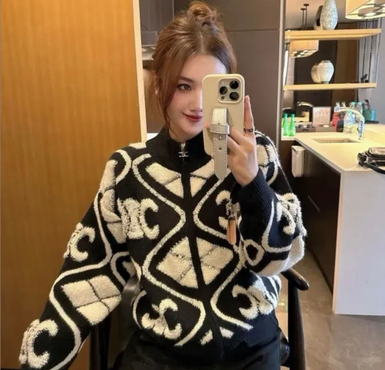 Celine Monogram Zip Cardigan Black