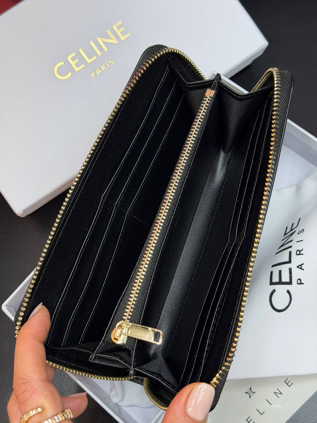 Celine Triomphe Zip Around Wallet Black