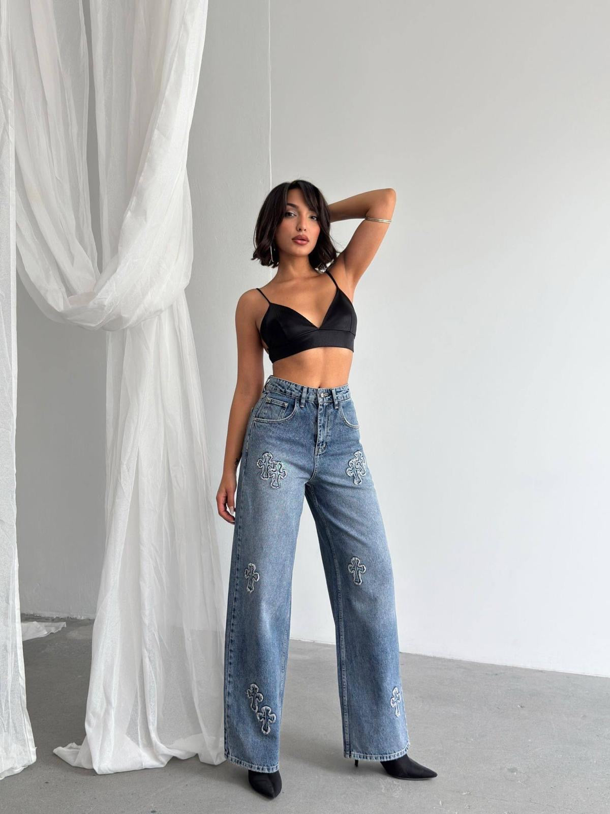Chrome Hearts Cross Patch Wide Leg Jeans Blue