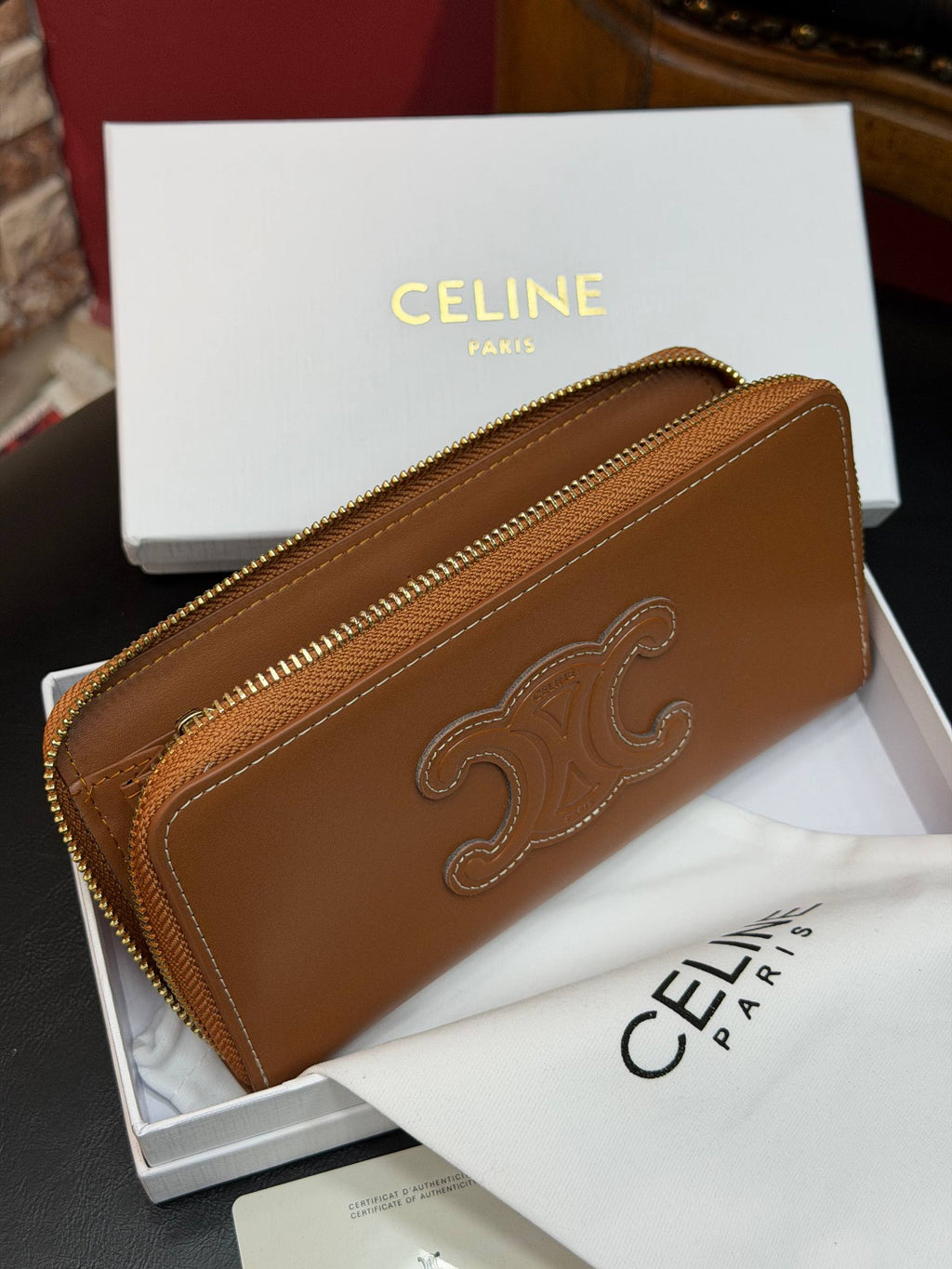 Celine Triomphe Zip Around Wallet Brown