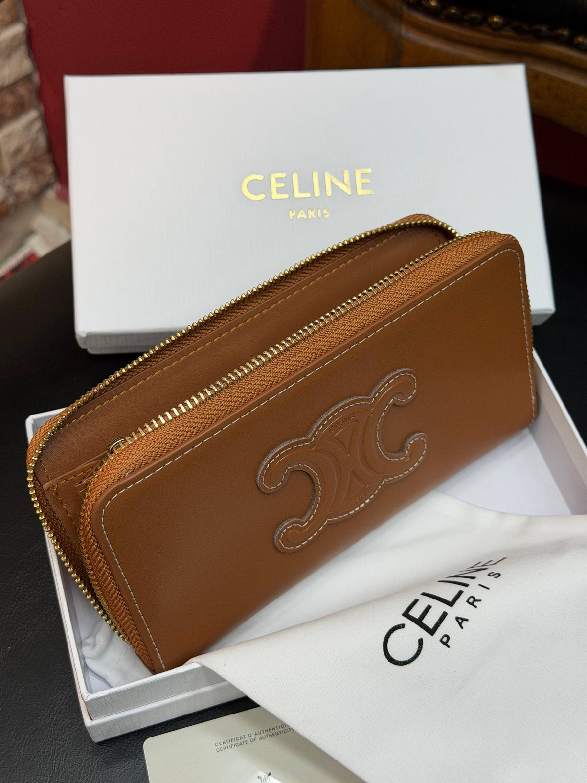 Celine Triomphe Zip Around Wallet Brown