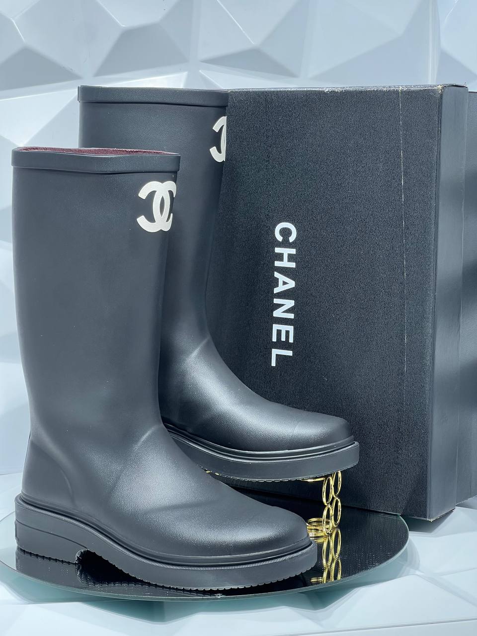 Chanel CC Logo Rubber Boots Black