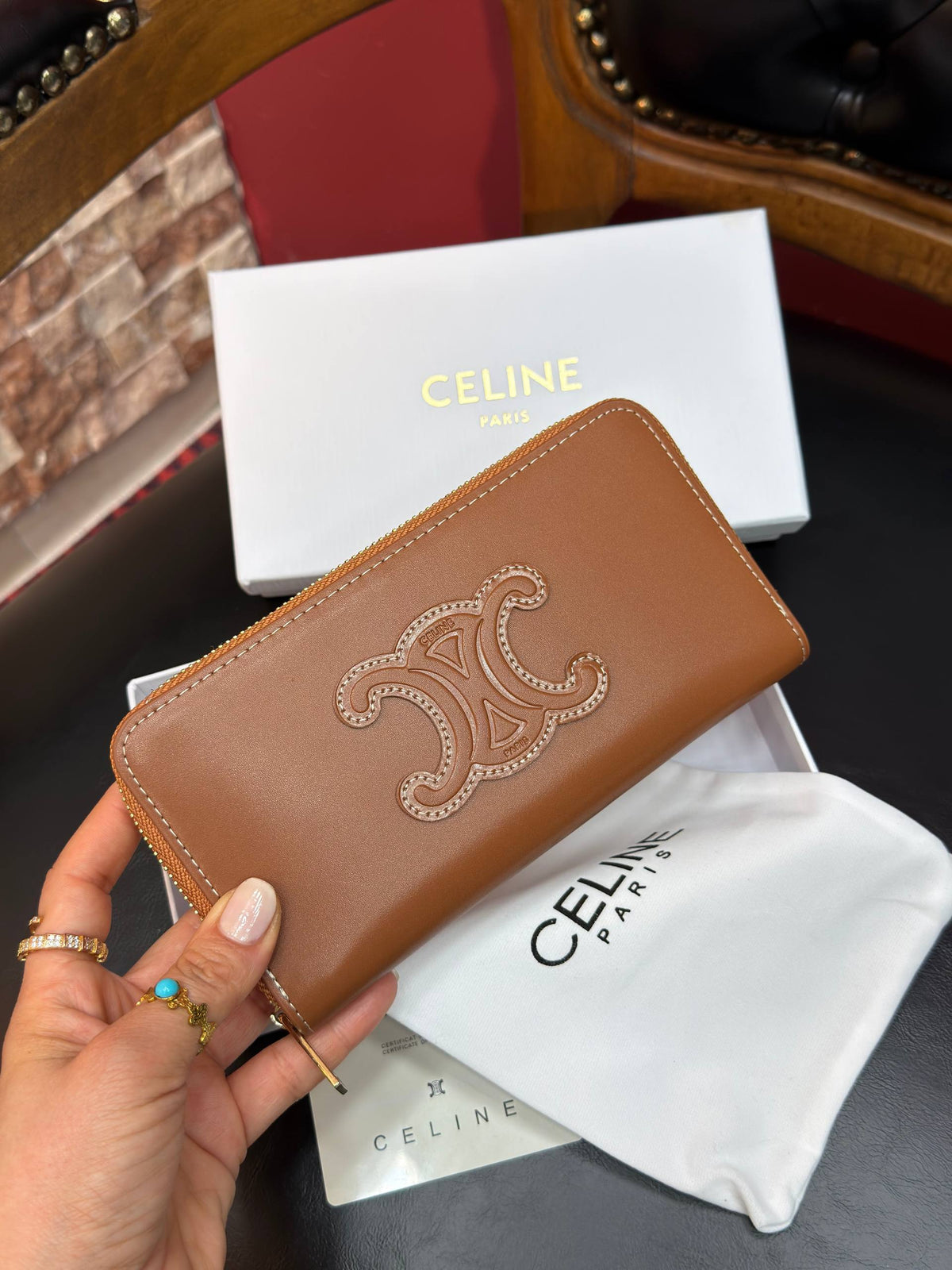 Celine Triomphe Zip Around Wallet Brown