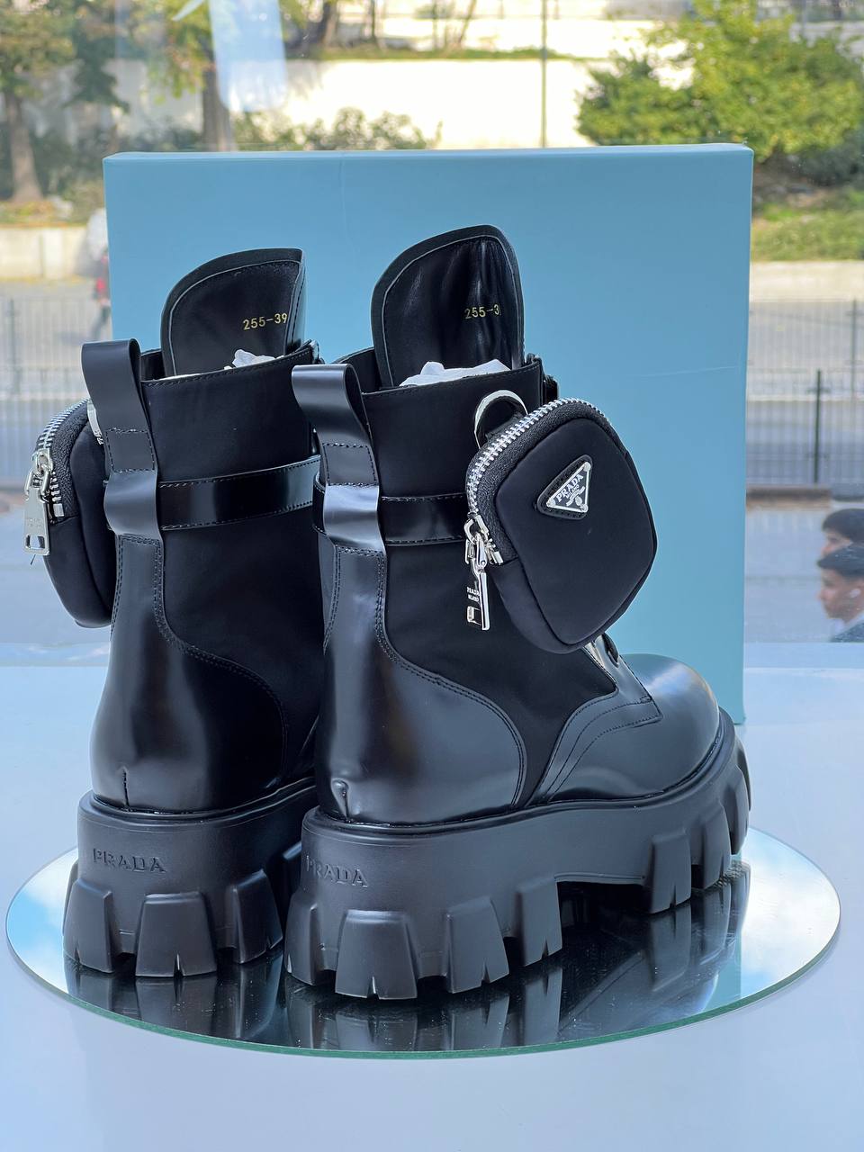Prada Monolith Leather Boots with Re-Nylon Pouch