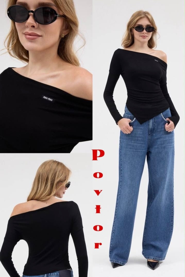 Miu Miu Asymmetric Off Shoulder Top Black