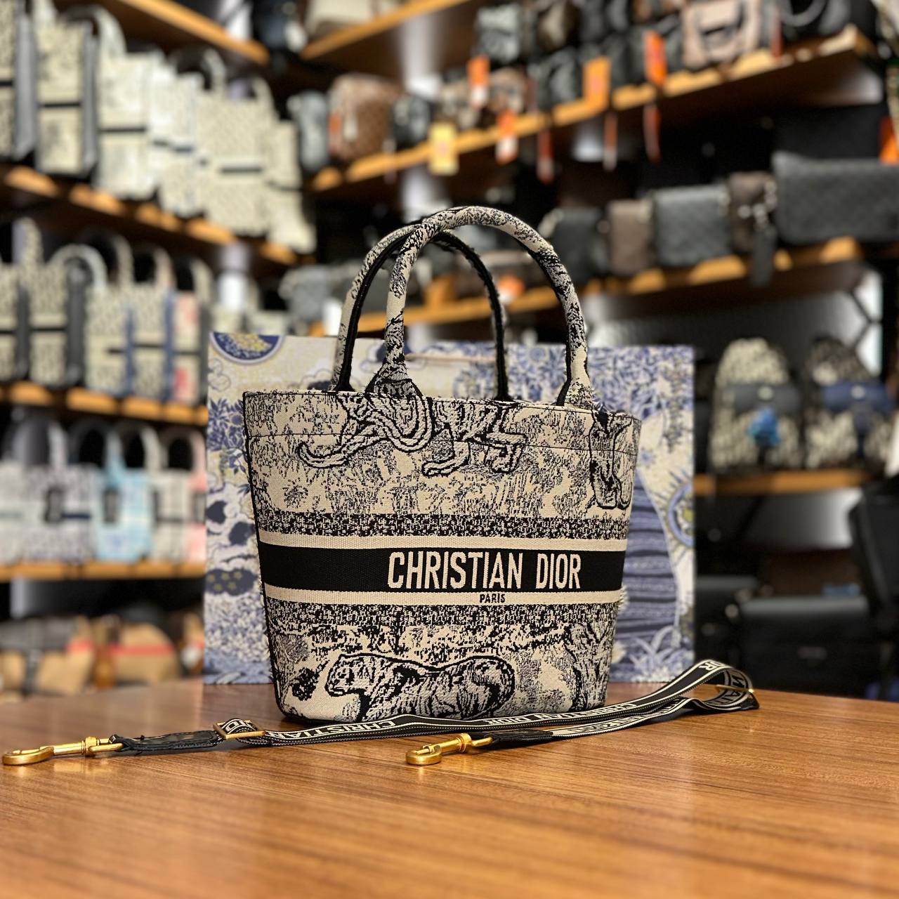 Christian Dior Tote Bag Υφασμάτινη Εκρού-Μαύρη