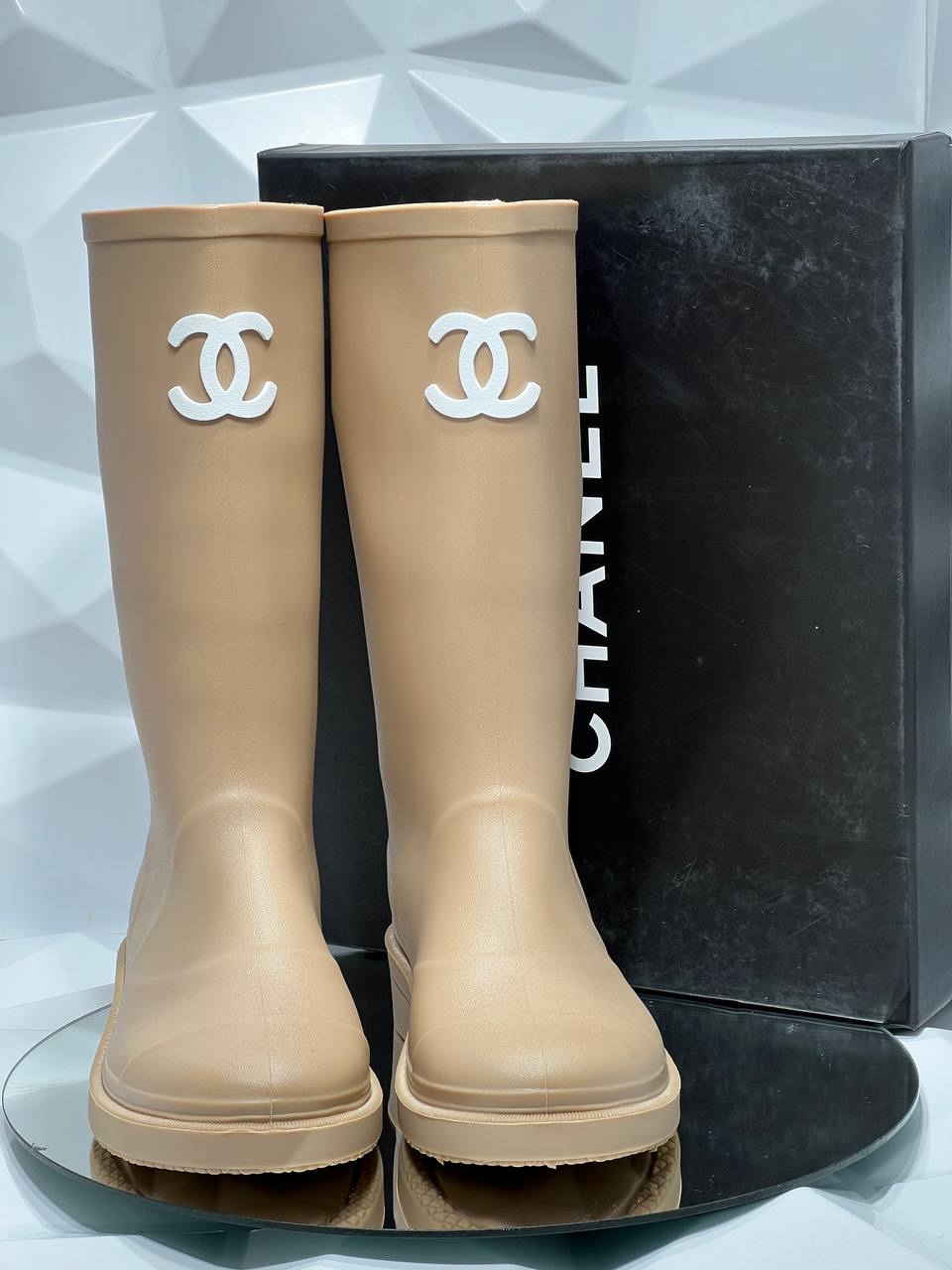Chanel CC Logo Rubber Boots Beige