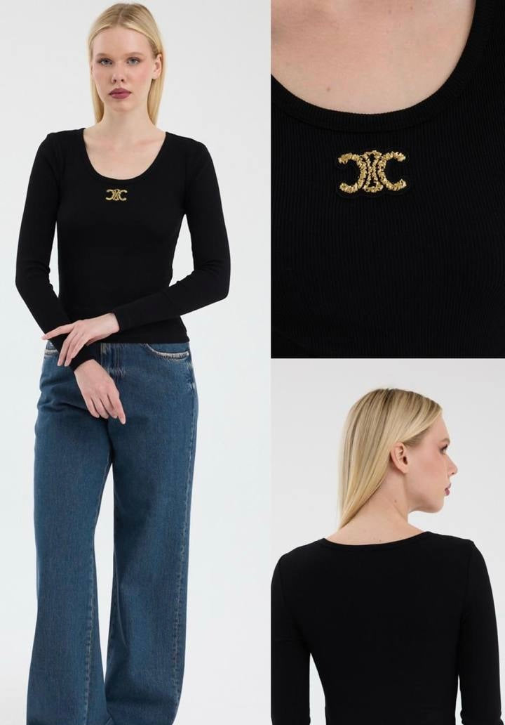 CELINE Triomphe Black Long Sleeve Top