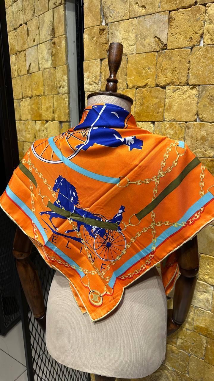 CELINE Triomphe Orange Silk Scarf
