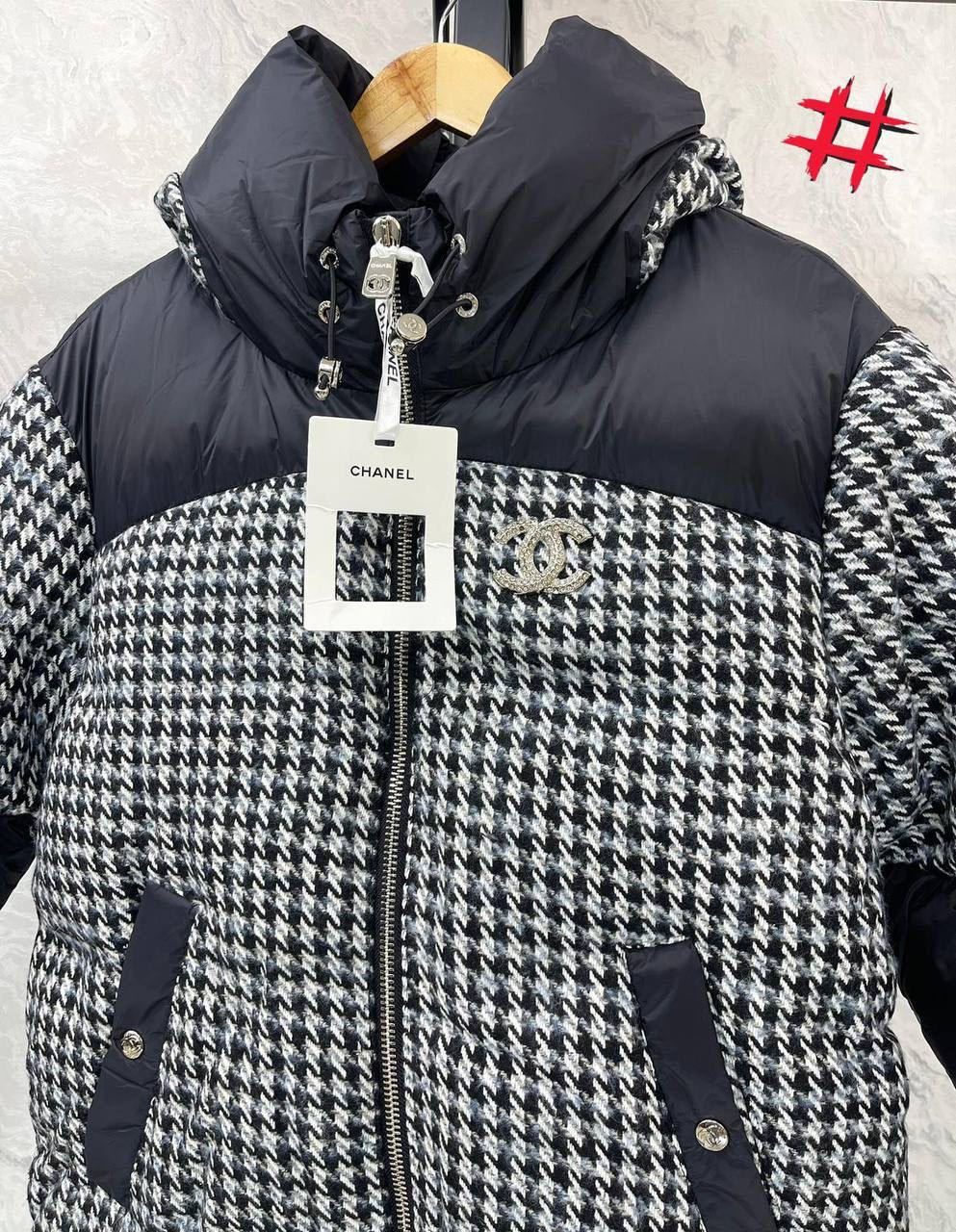 Chanel Houndstooth Puffer Jacket Black & White