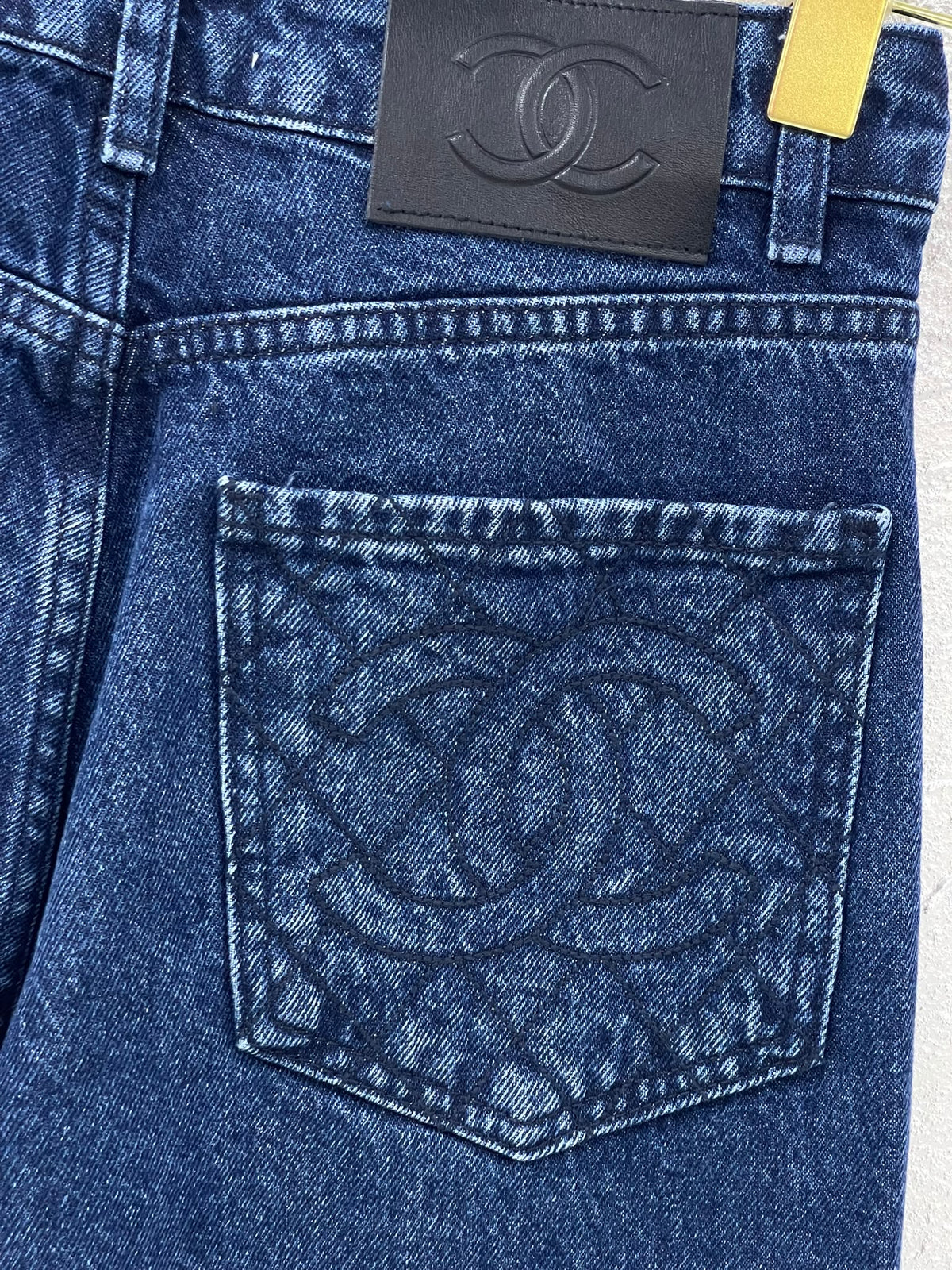 CHANEL CC Wide Leg Jeans Dark Blue