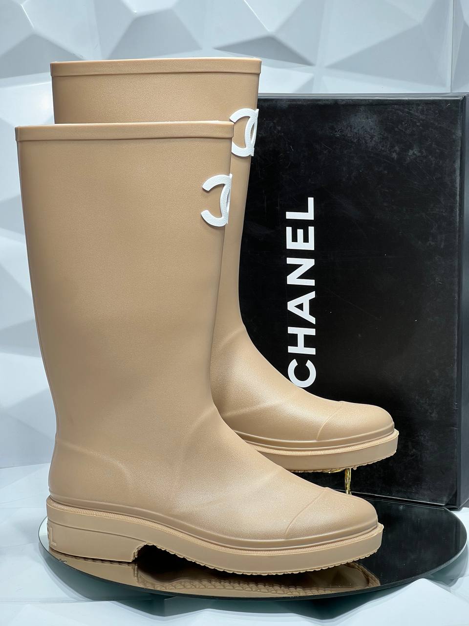 Chanel CC Logo Rubber Boots Beige