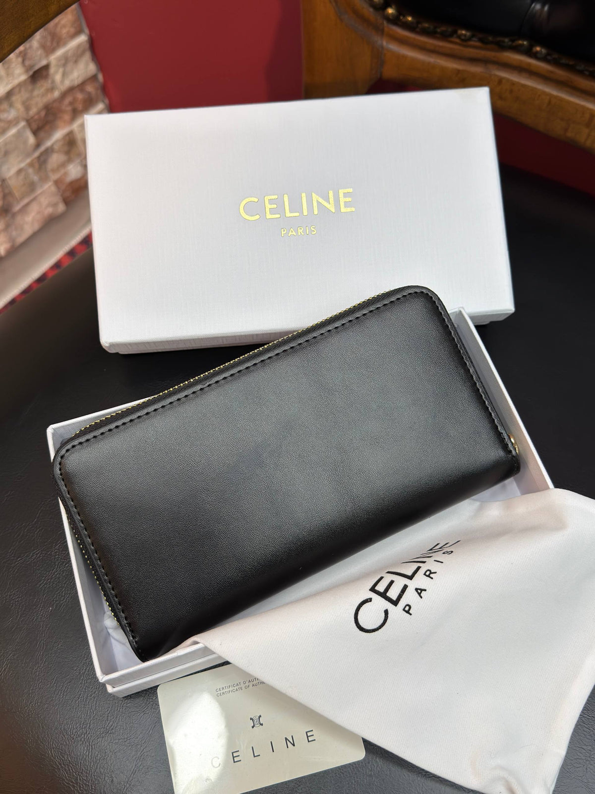 Celine Triomphe Zip Around Wallet Black