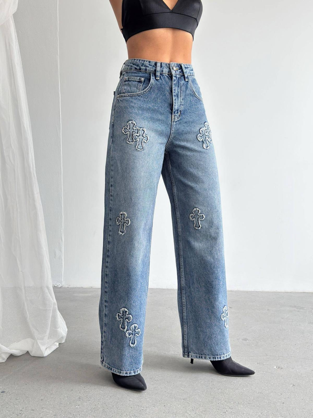 Chrome Hearts Cross Patch Wide Leg Jeans Blue