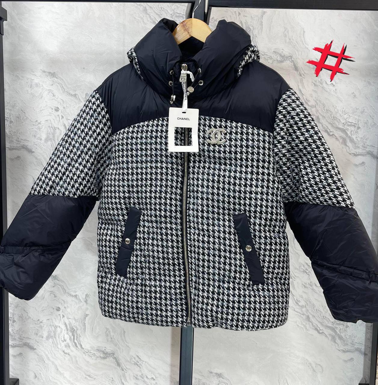 Chanel Houndstooth Puffer Jacket Black & White