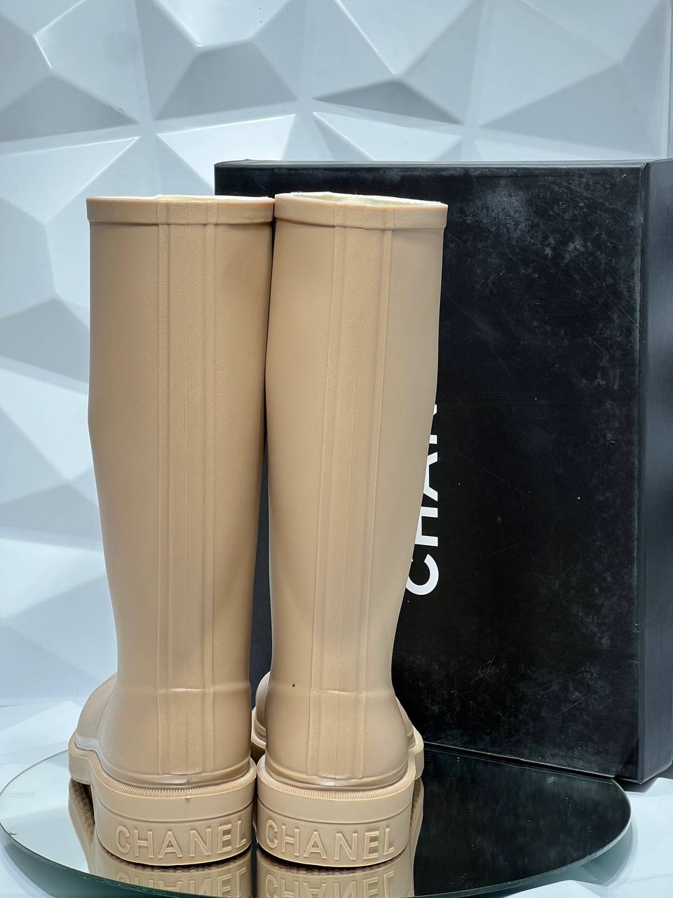 Chanel CC Logo Rubber Boots Beige