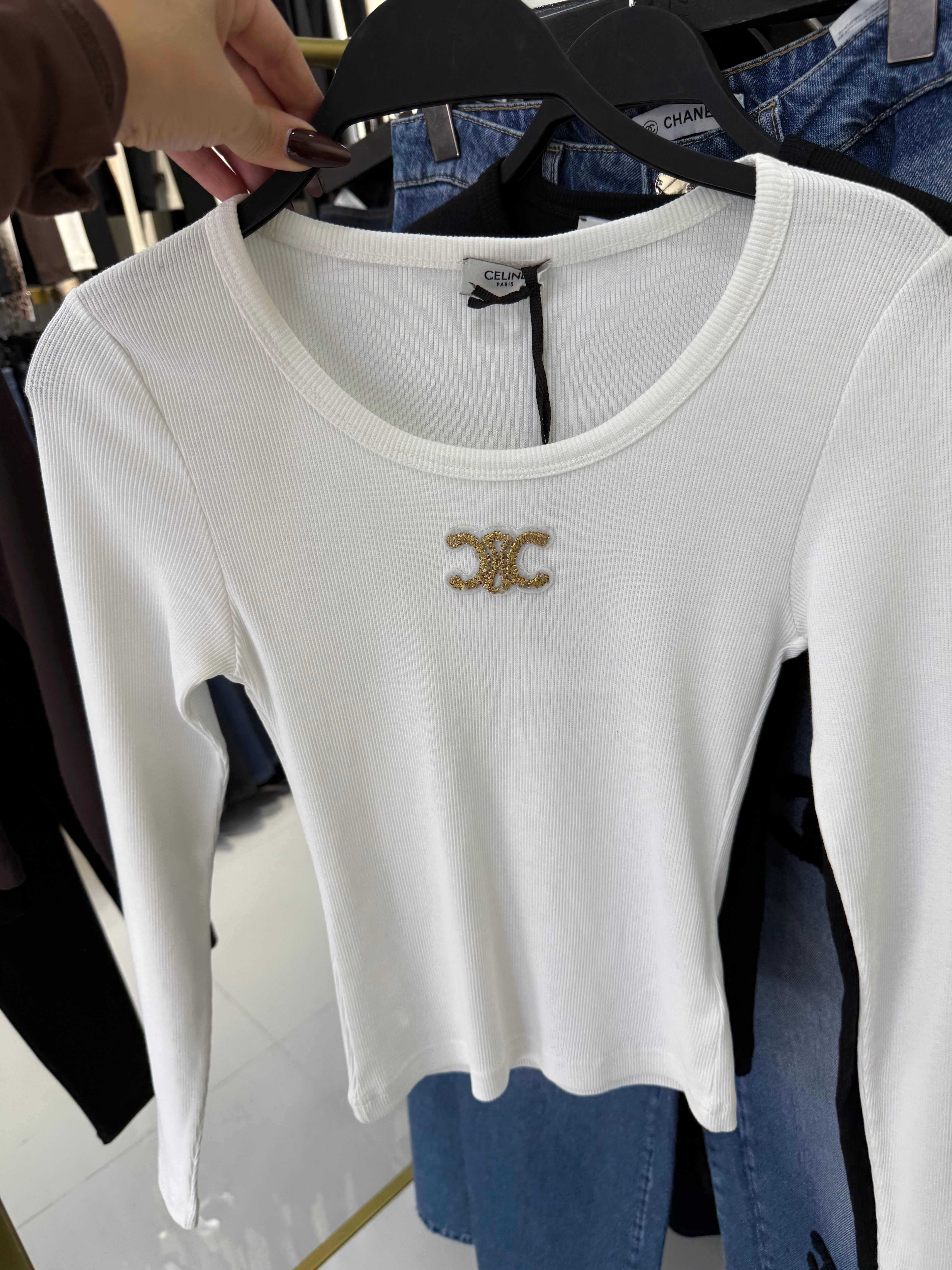 CELINE Triomphe Beige Long Sleeve Top