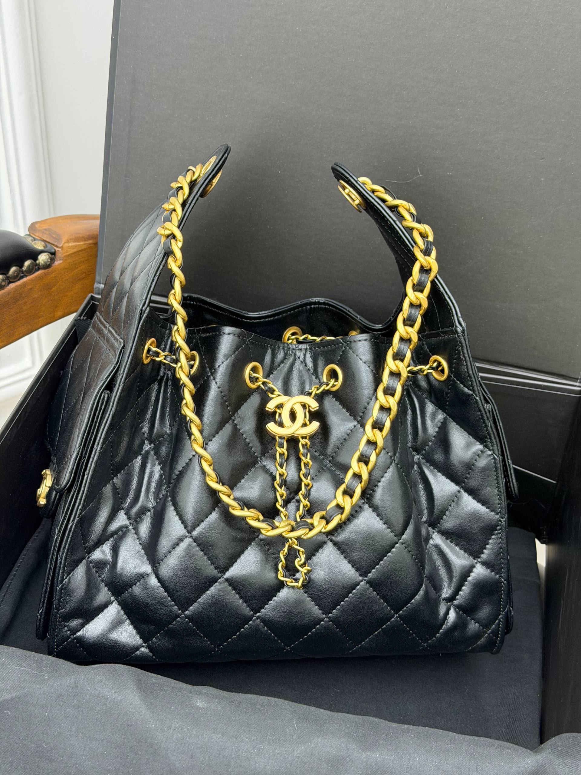 Chanel Drawstring Shopping Bag Black Caviar