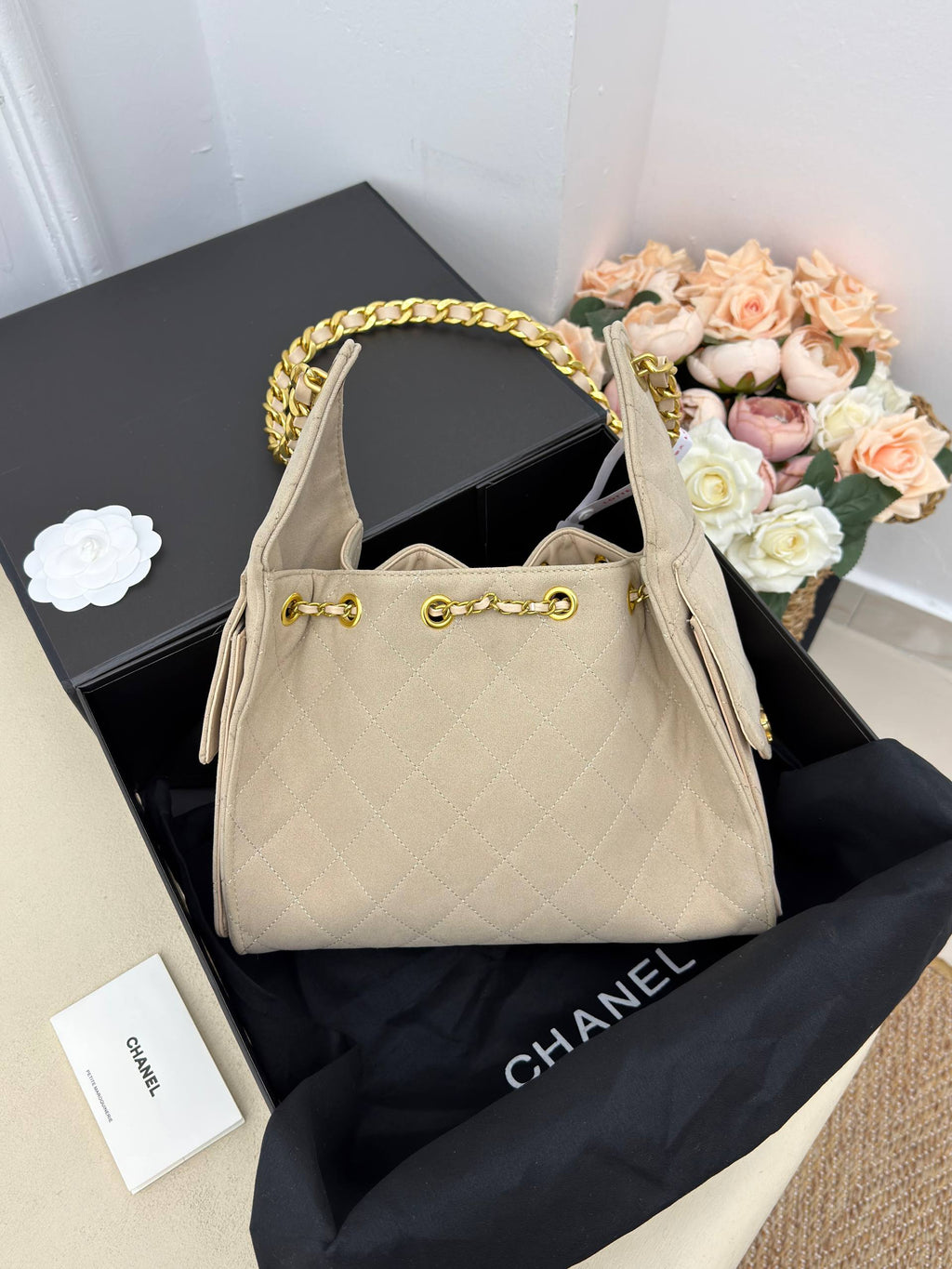 CHANEL Gabrielle Bucket Bag Suede Beige