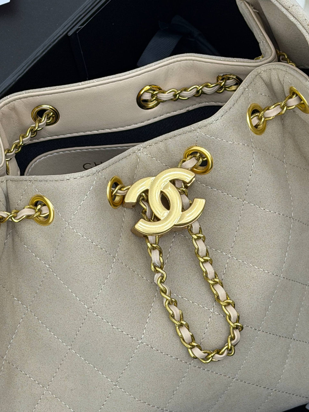 CHANEL Gabrielle Bucket Bag Suede Beige