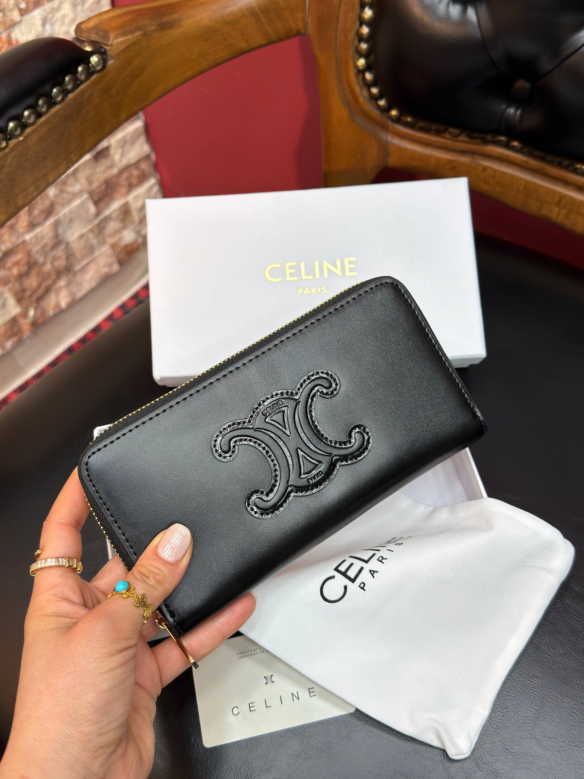 Celine Triomphe Zip Around Wallet Black