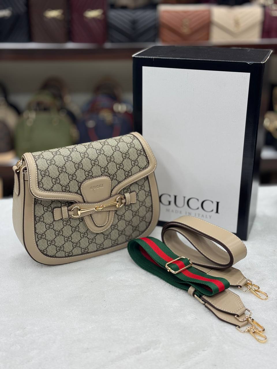 Gucci Horsebit Shoulder Bag Beige