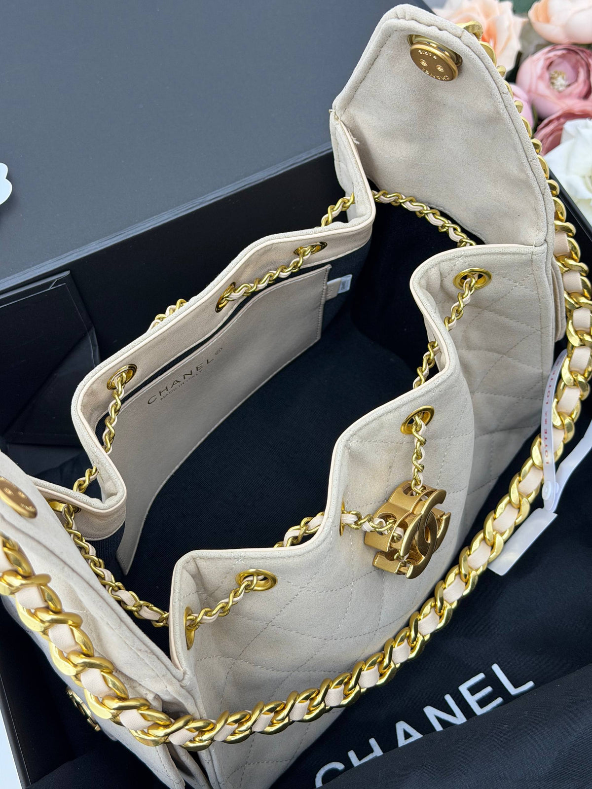 CHANEL Gabrielle Bucket Bag Suede Beige