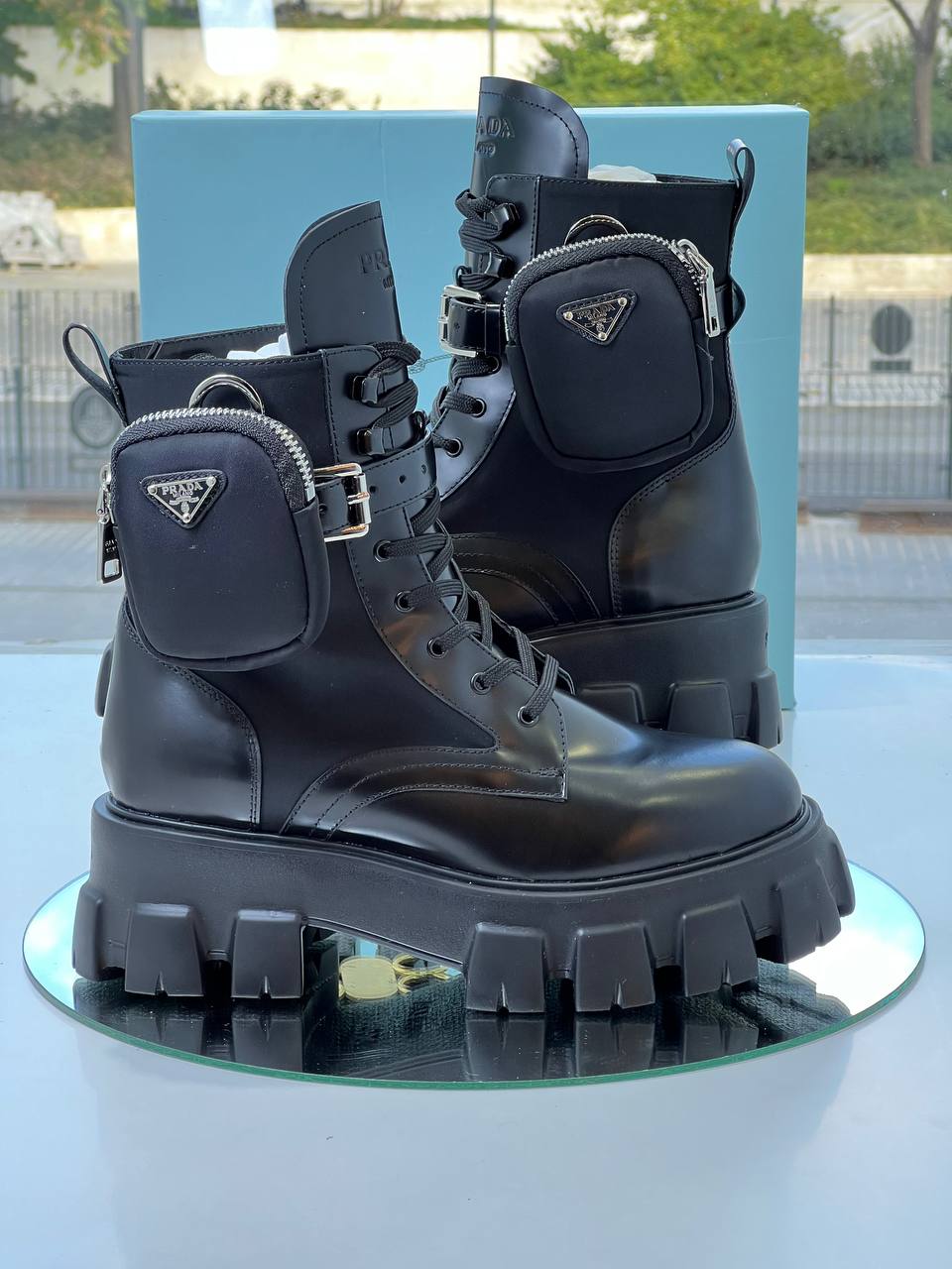 Prada Monolith Leather Boots with Re-Nylon Pouch