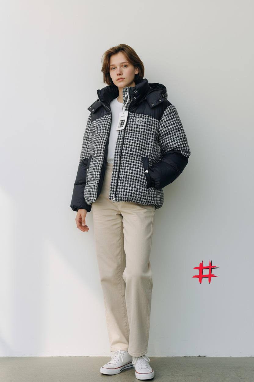 Chanel Houndstooth Puffer Jacket Black & White