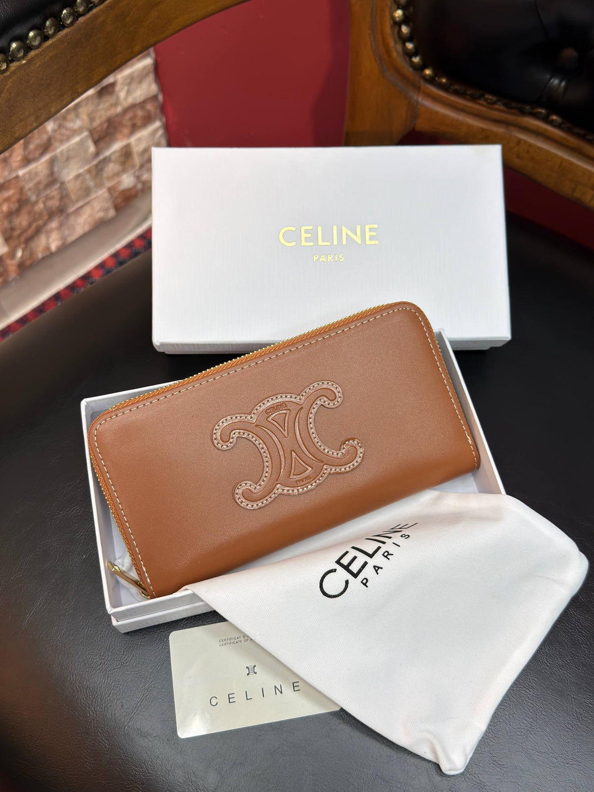 Celine Triomphe Zip Around Wallet Brown