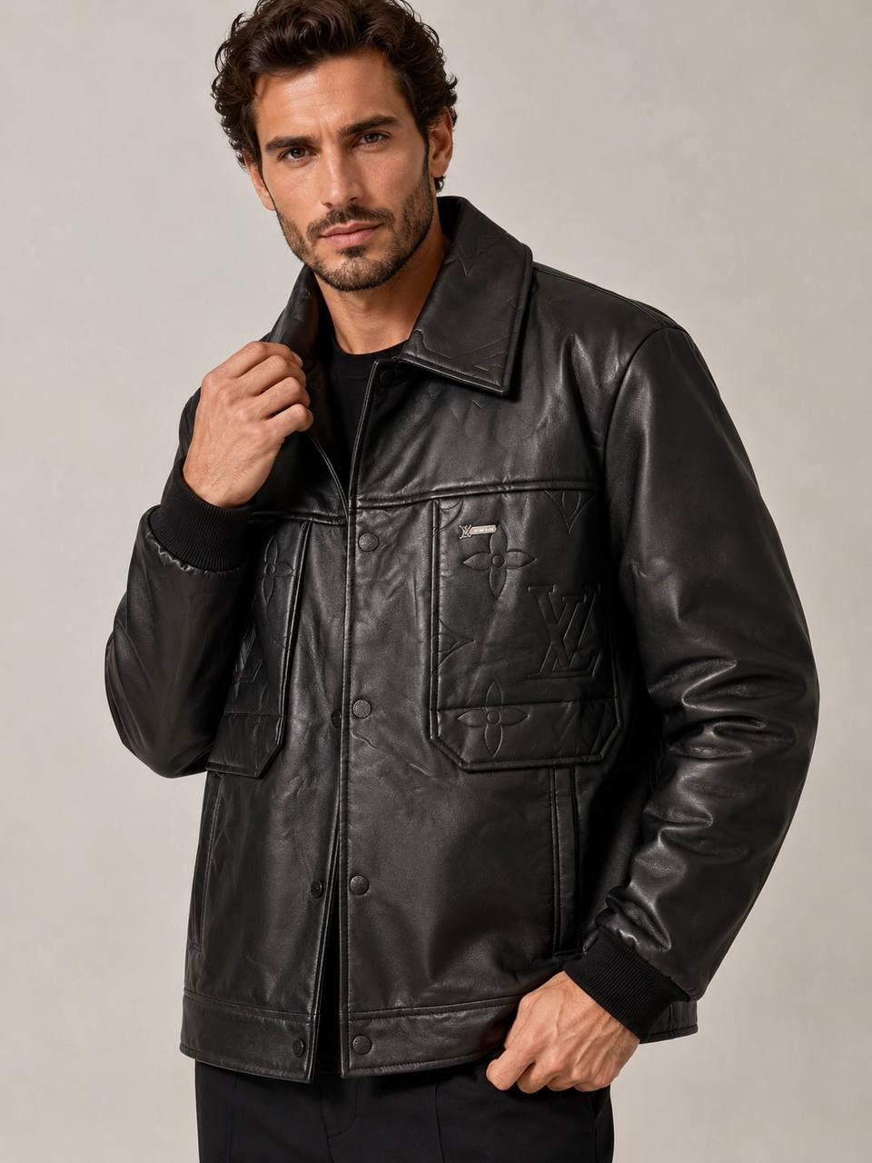 Louis Vuitton Monogram Embossed Leather Jacket Black